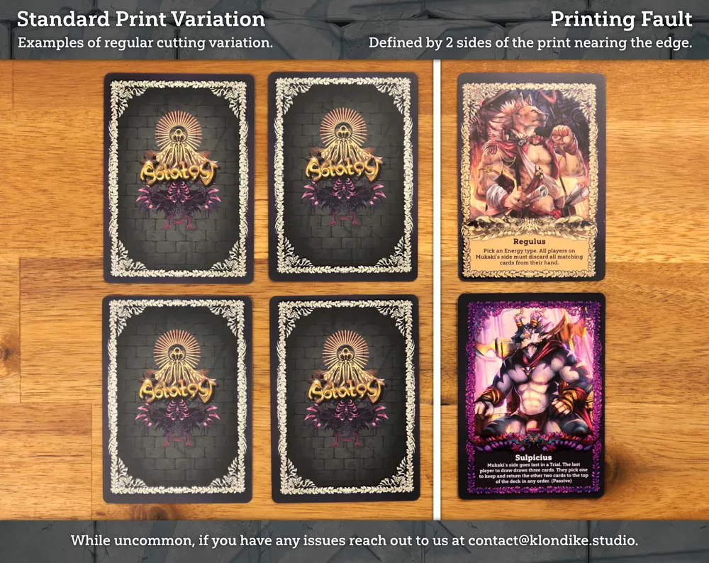 Examples of standard print variation versus a printing fault, showing card cutting differences.